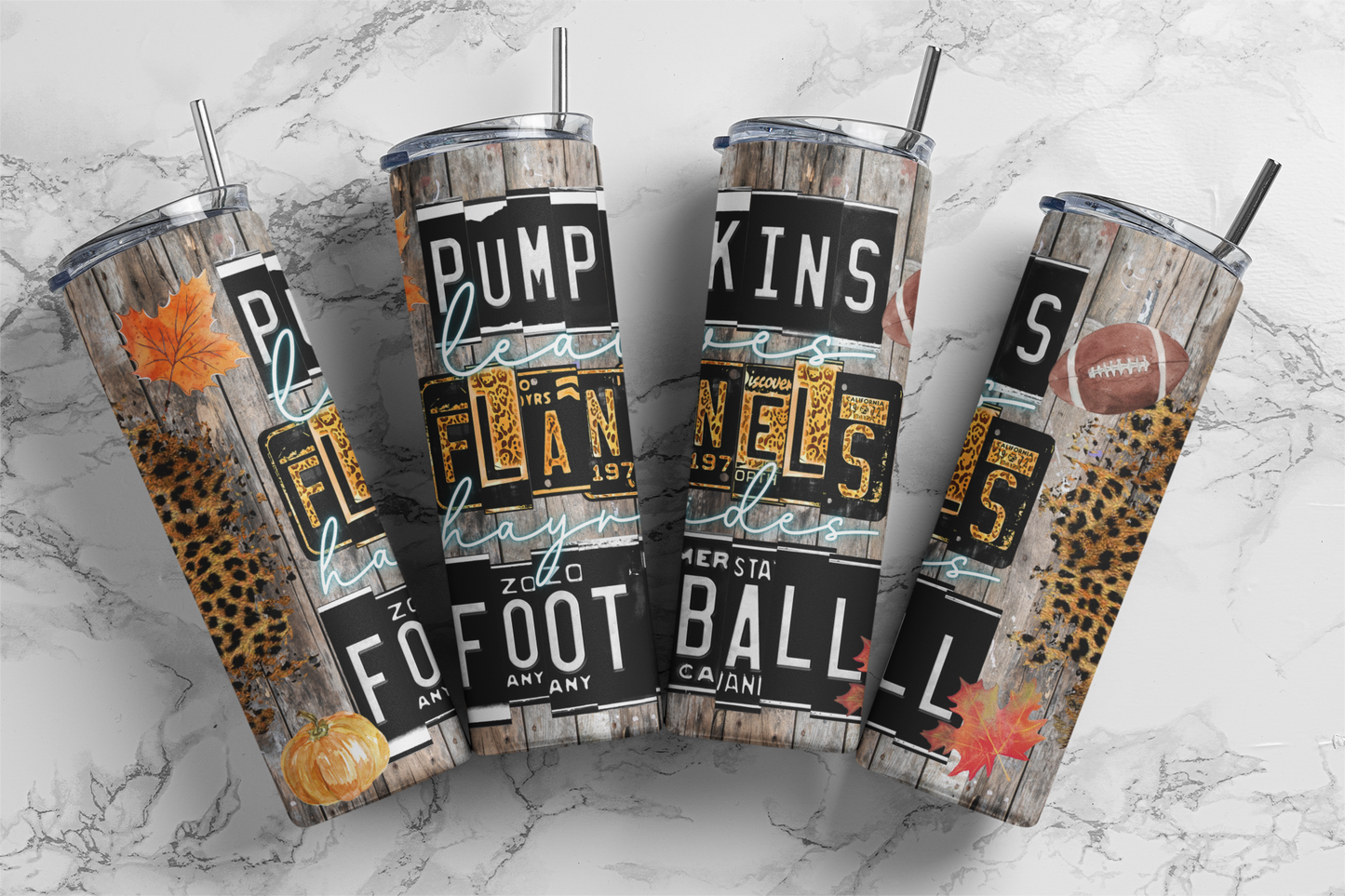 Halloween 20 oz Skinny Tumbler Pumpkins Flannels Football